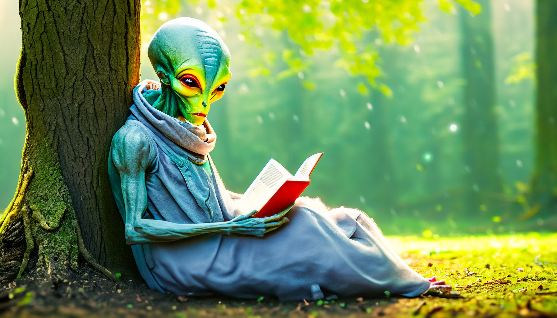 Alien sitting under a tree reading a book